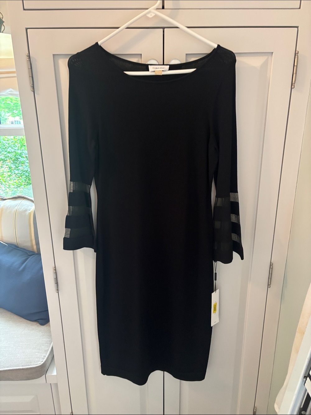 Calvin Klein Black Long-Sleeve Sheath Dress with Sheer Stripe Bell Sleeves